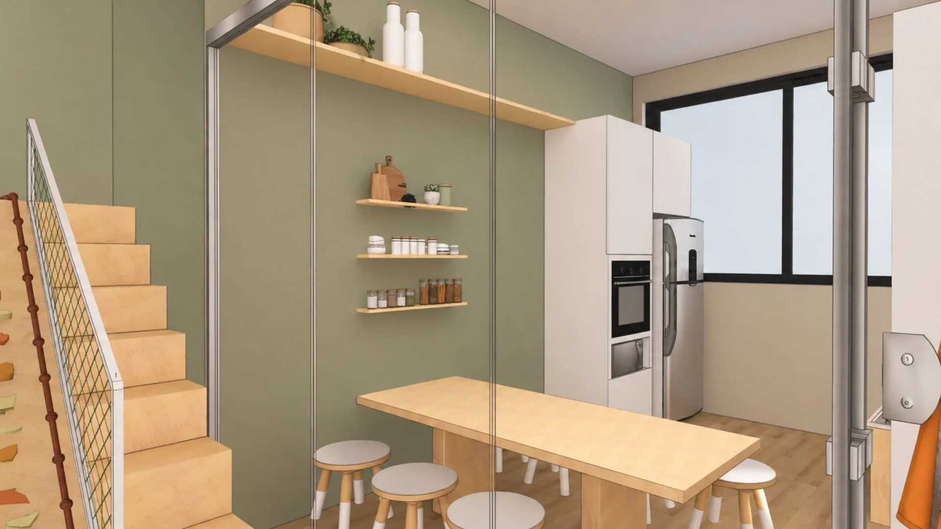 Cozinha com mesa comprida e banquinhos baixos